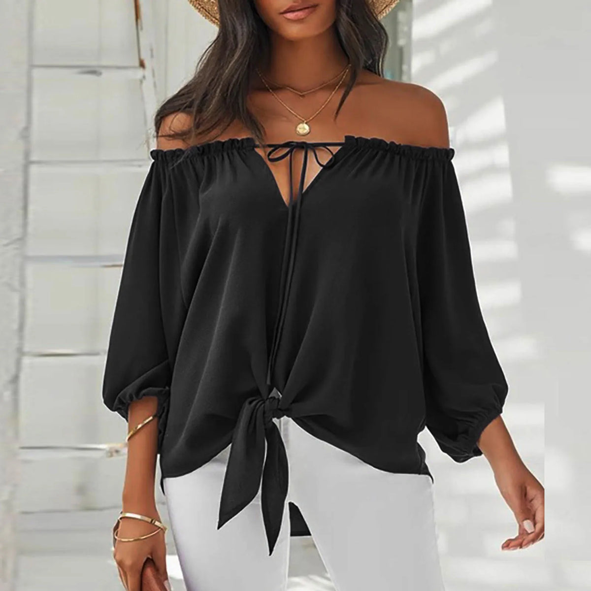 Elegant Off-Shoulder Summer Blouse - Half Sleeve Women's Tops, Office Blusas with Casual Loose Fit, Solid Color and Tie Detailing