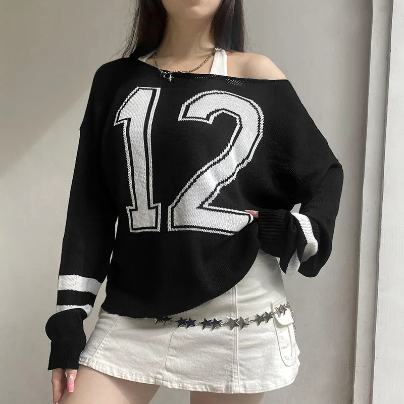 Goth Dark Acubi Fashion Autumn Winter Knitwear Women Casual Print Long Sleeve Pullover Sweater