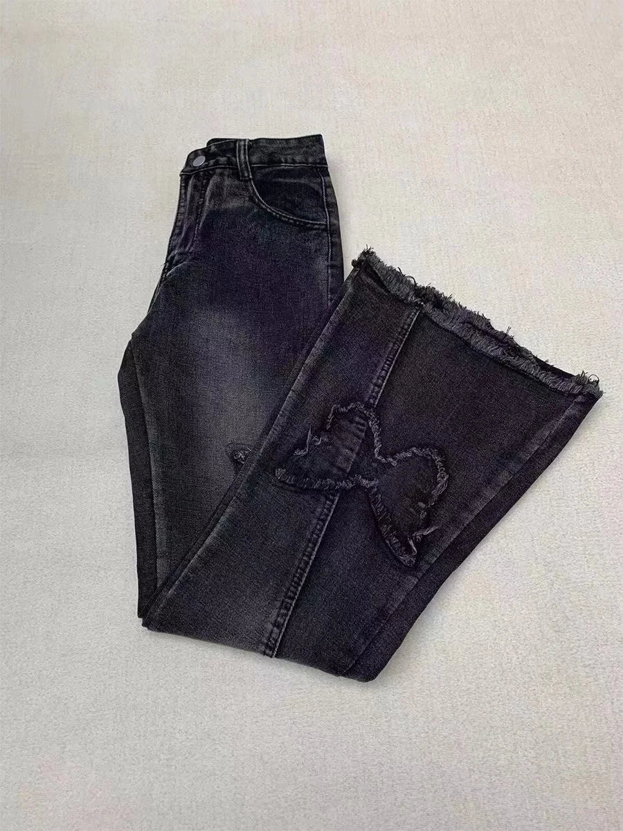 Women's Blue Flare Jeans Baggy Vintage 90s Aesthetic Low Waist Cowboy Pants Harajuku Denim Trousers Y2k Trashy Emo 2000s Clothes