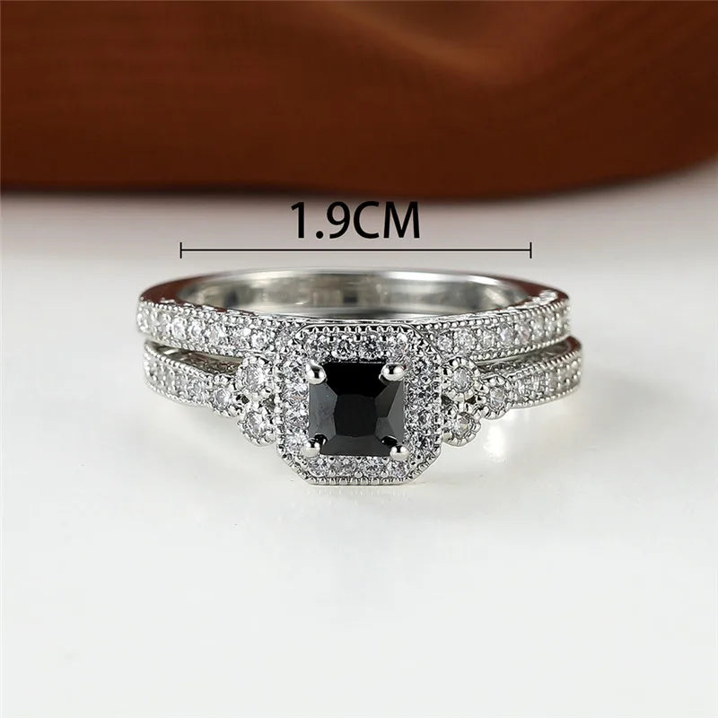 Luxury Black Zircon Crystal Engagement Ring Set - Cute Wedding Jewelry for Women