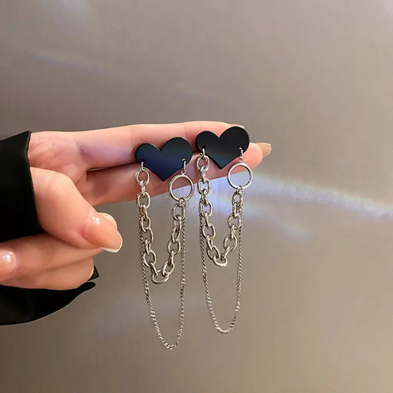 Black Heart Tassel Chain Earrings for Women | Korean Brincos 2024 | Femme Jewelry Streetwear Fashion Wholesale