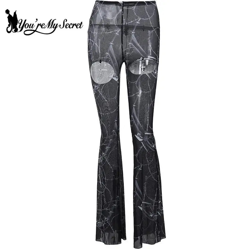 [You're My Secret] Hollow Out Black Flare Pants Print Gothic Punk Trousers Street Harajuku Skinny Sexy Transparent Women Pants