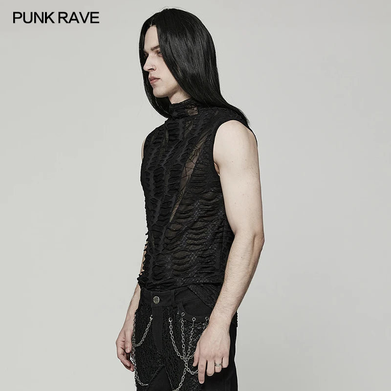 PUNK RAVE Men's Gothic Asymmetric Sharp Teeth Mesh Vest Punk Handsome Cool High Collar Simple Black Tank Tees Summer Tops