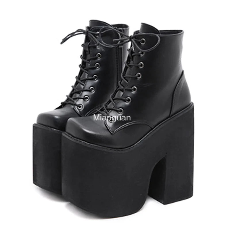 Fashion Chunky Heel Motorcycle Boots for Women - 17cm Platform Ankle Boots, Punk Cosplay, Thick Sole, Goth Girls Shoes