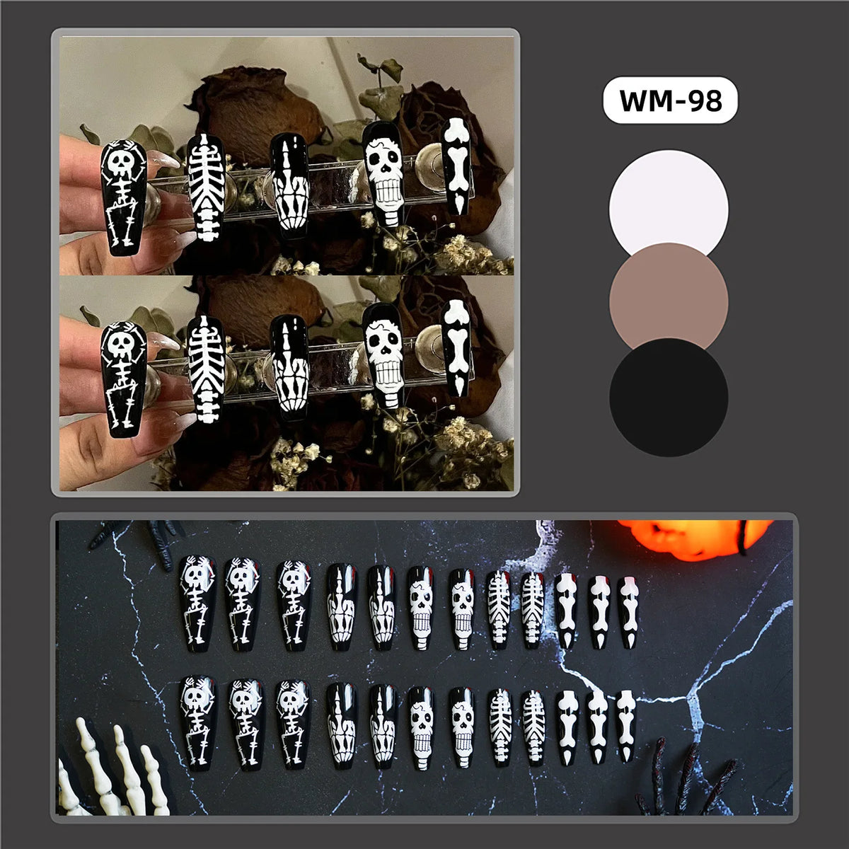 24pcs White Skull Press-On Nails – Black Long Ballet Halloween Fake Nails, Full Cover Ghost Skull Tips