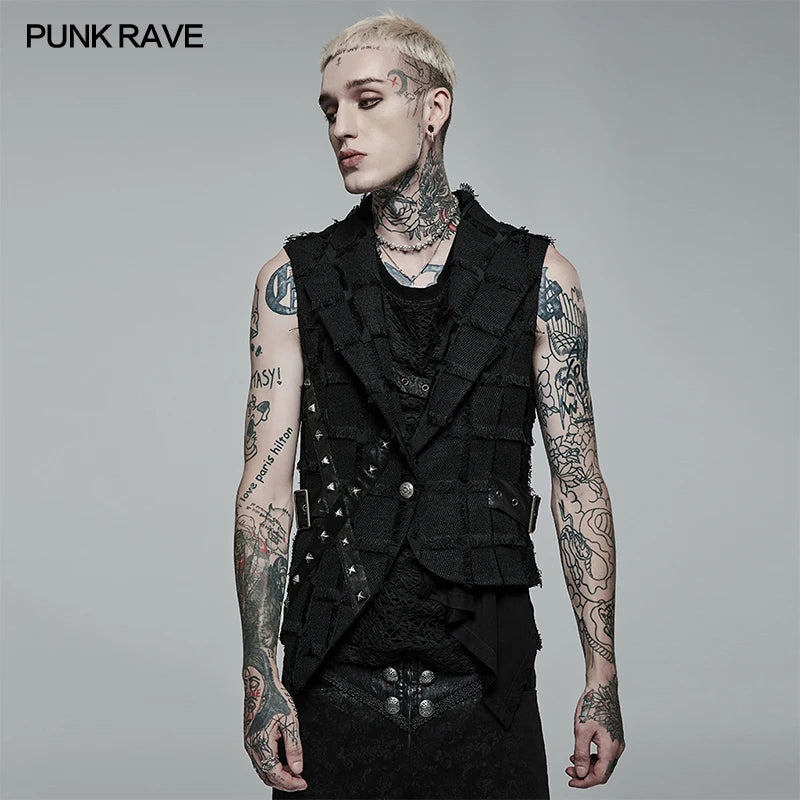 PUNK RAVE Men's Gothic Asymmetric Personality Twill Black Vest Casual Handsome Tank Top Back Hollow Out Design Four Seasons