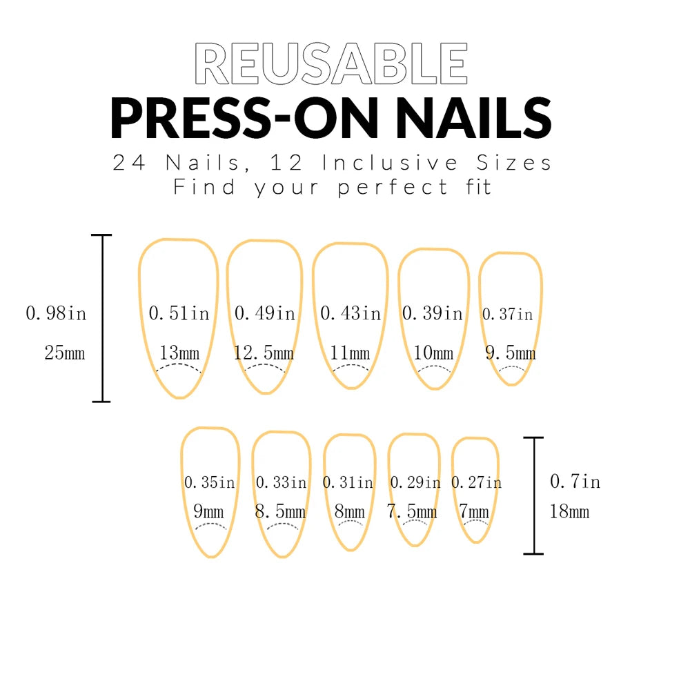 24pcs press on nails  Long Almond Black Matte French Style Heart Gold Color Stripe Reusable Fake Nailfrench tip press on nails