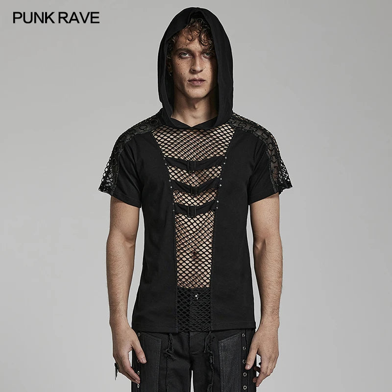 PUNK RAVE Men's Punk Handsome Hooded T-shirt Sexy Cool Hollow Mesh Cutouts Personality Casual Tops Tees Spring & Summer