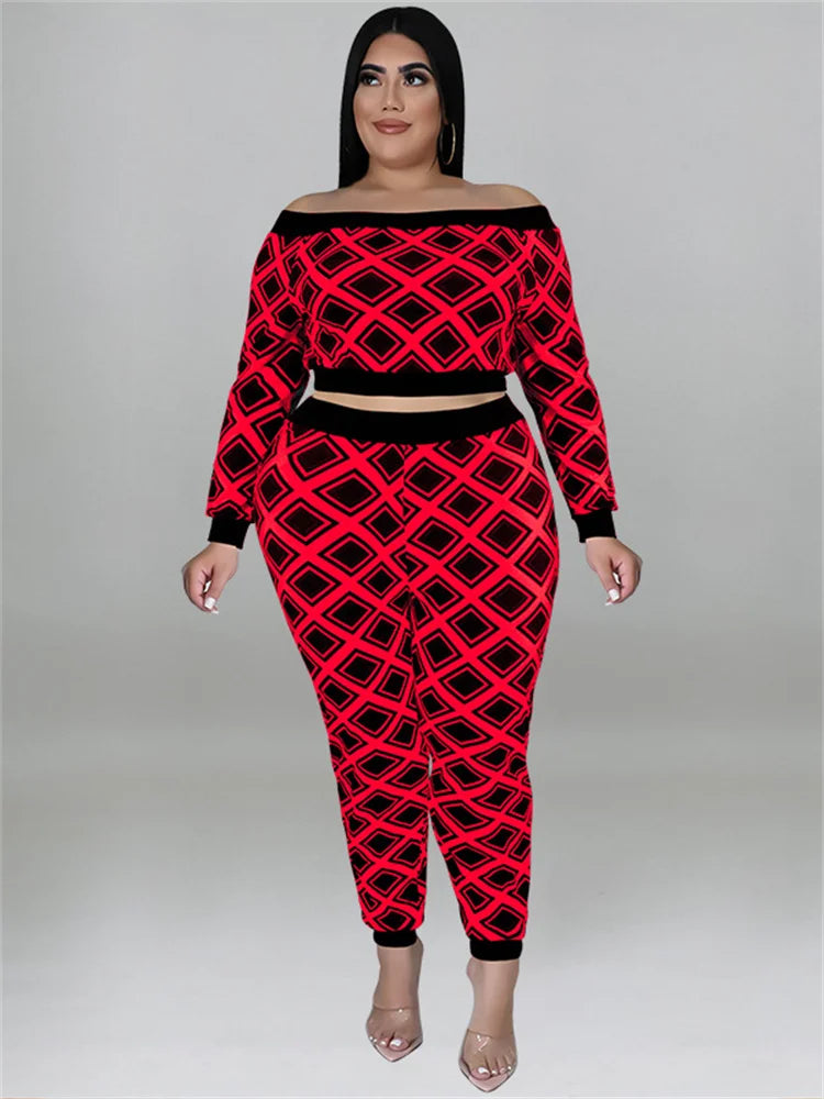 Wmstar Plus Size Two Piece Outfits Women Fall Clothing Plaid Print Top and Pants Sets Casual Matching Set Wholesale Dropshipping