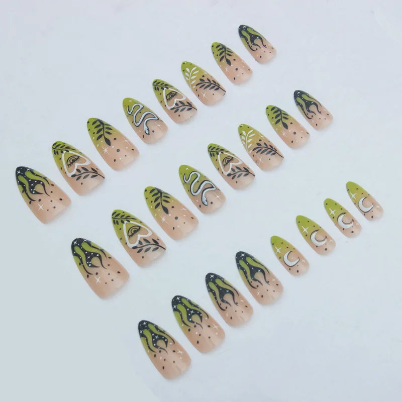 24 Pcs Green Leaf Snake Glossy Almond Long Press On Nails French Shiny Fake Nails Manicure Reusable Solid Wearing False Nail