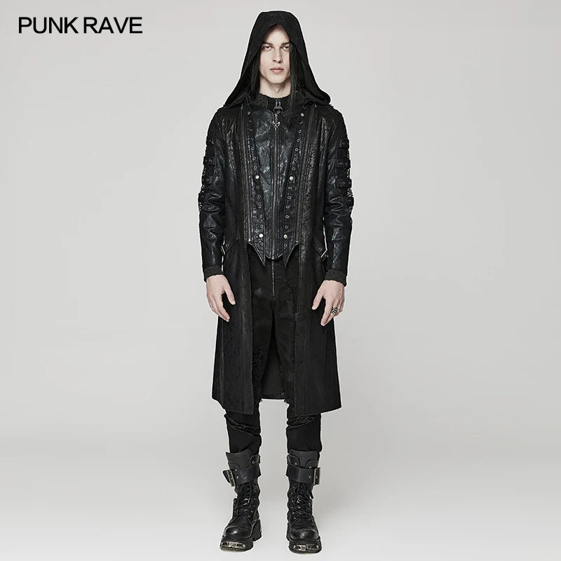 PUNK RAVE Men's Punk Distressed Hooded Hollow Twill Printing Long Coat Detachable Hat Casual Handsome Jacket Men Clothing