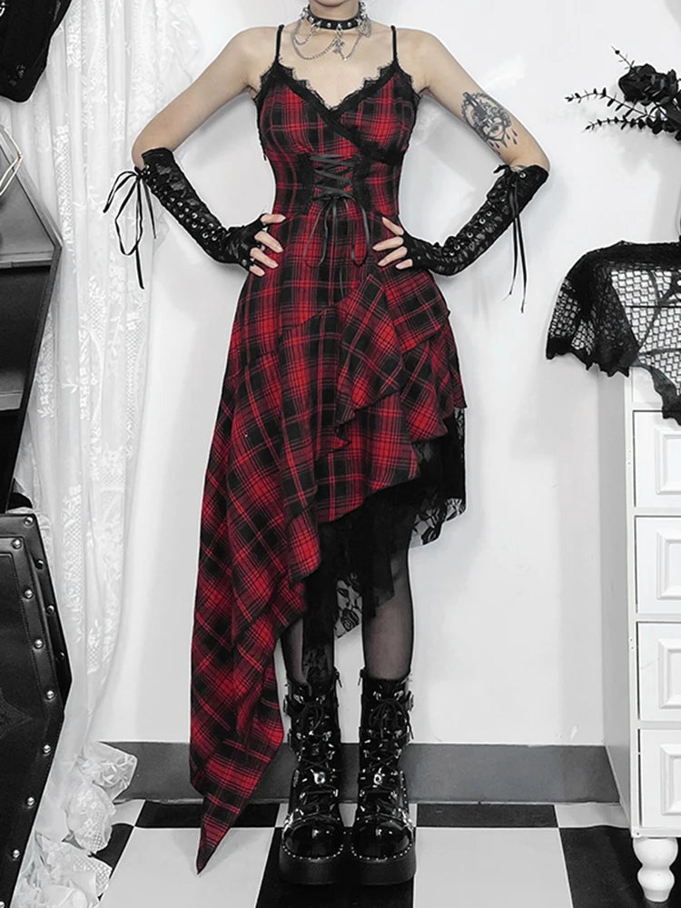 InsGoth Women’s Y2K Gothic Plaid Dress with Lace Trim and Irregular Hem, Harajuku Grunge Backless V-Neck Partywear