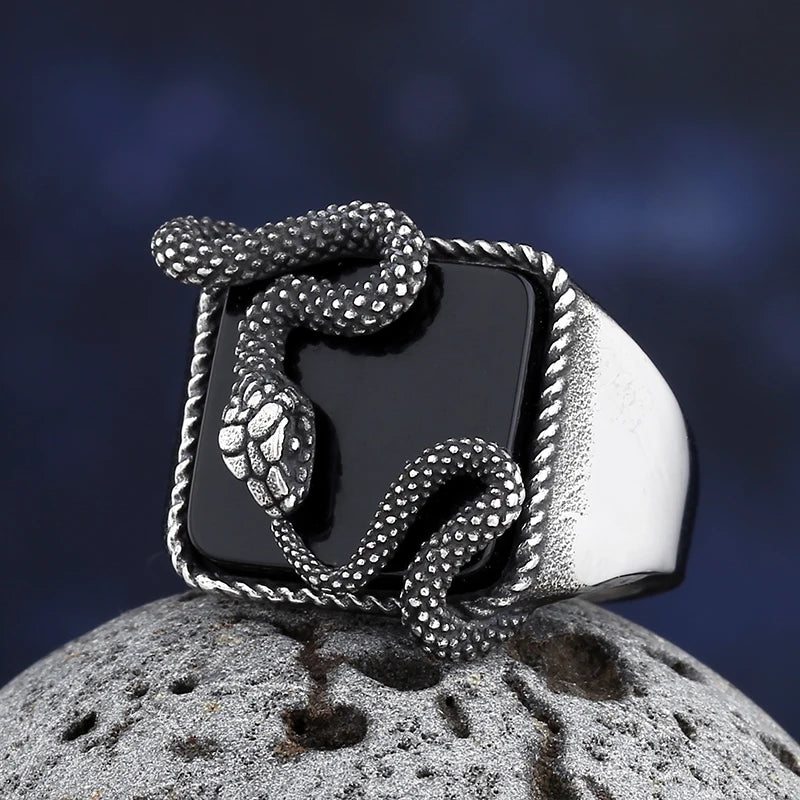 2024 Men’s Punk Rock Black Stone Ring – 3D Snake Gothic Style Stainless Steel Biker Jewelry