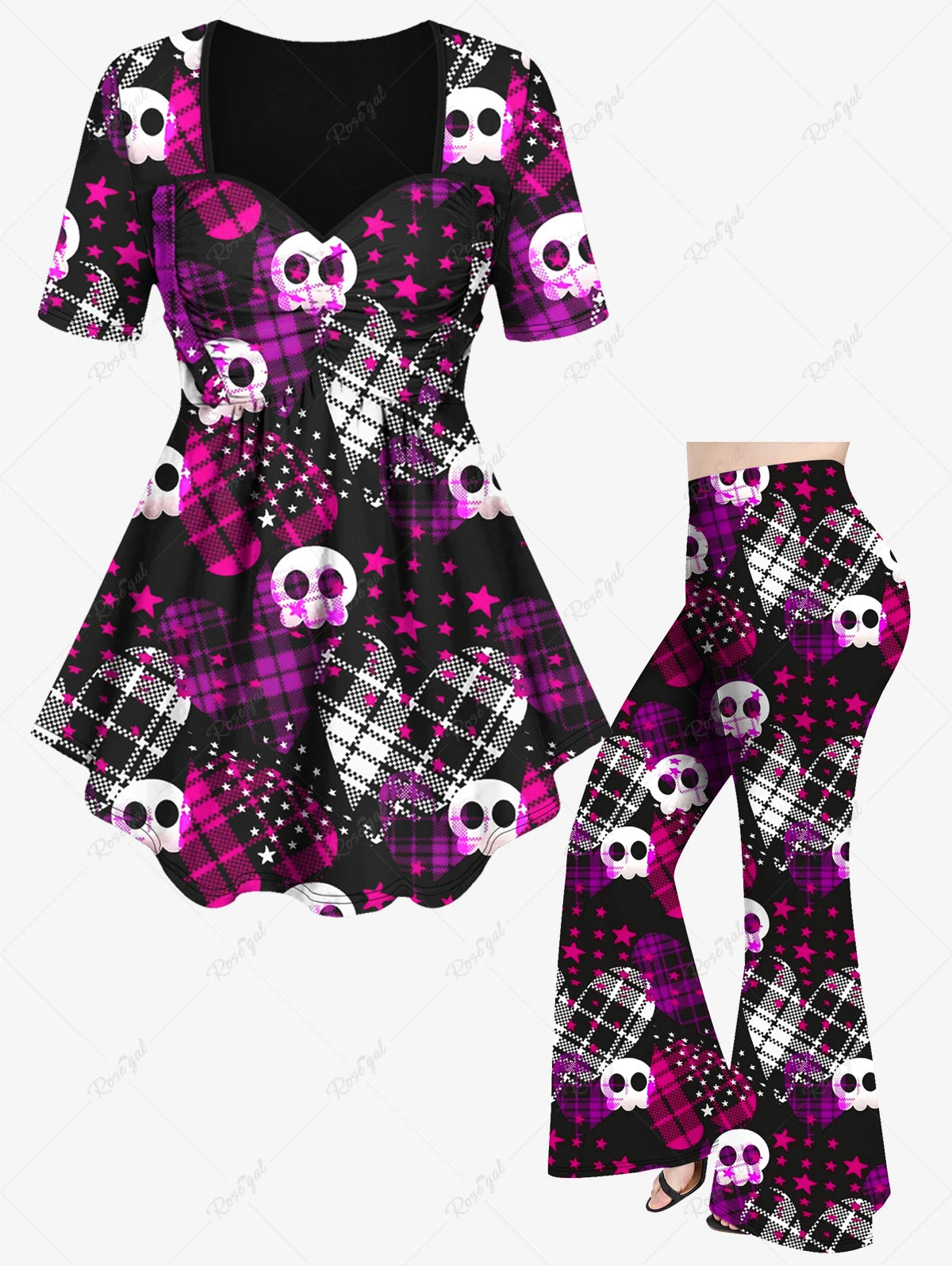 Plus Size Halloween Plaid Heart Cute Skull Stars Print Matching Set | Ruched T-Shirt or Flare Pants | Daily Casual Spring/Summer