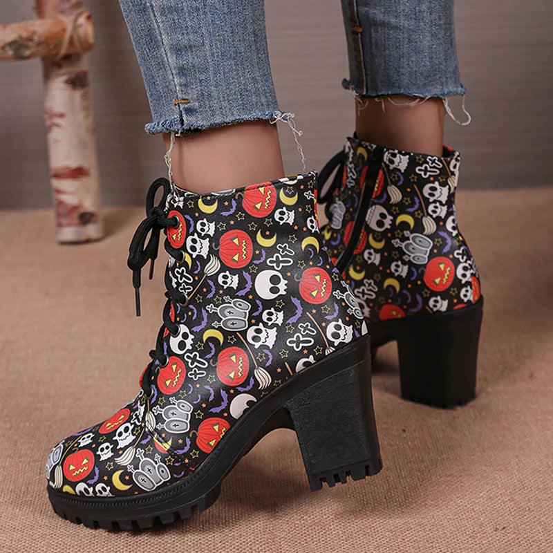 Halloween Pumpkins Print Platform Ankle Boots for Women – 2024 Autumn Side Zip High Heels, PU Leather Thick Heeled Booties