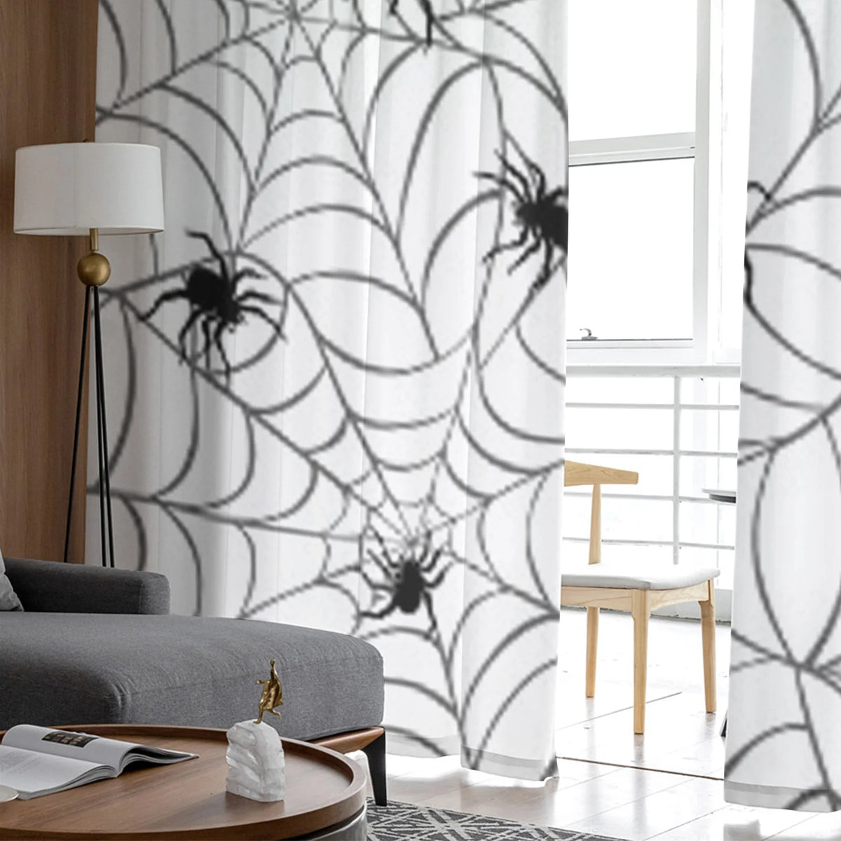 Spiders on Webs Black and White Luxurious Chiffon Sheer Curtains - Gothic Tulle Voiles for Living Room and Bedroom Decor.