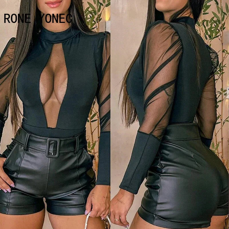 Women’s Chic Solid Mesh Turtleneck Bodycon Blouse - Sexy Long Sleeve Patchwork Top