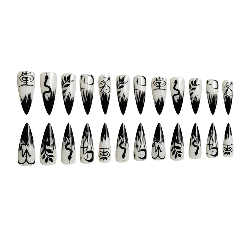 24pcs Halloween Black Nails Long Almond False Nails Press on Nails French Ballerina Nails Detachable Nail Tips Nail Art