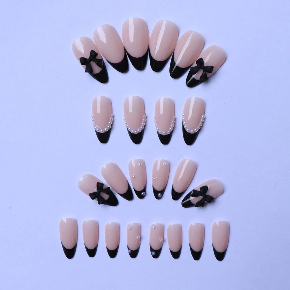 24pcs press on nails short almond bowknot black press on nails white pearl sweet french tip press on nails cute nails cheap nail