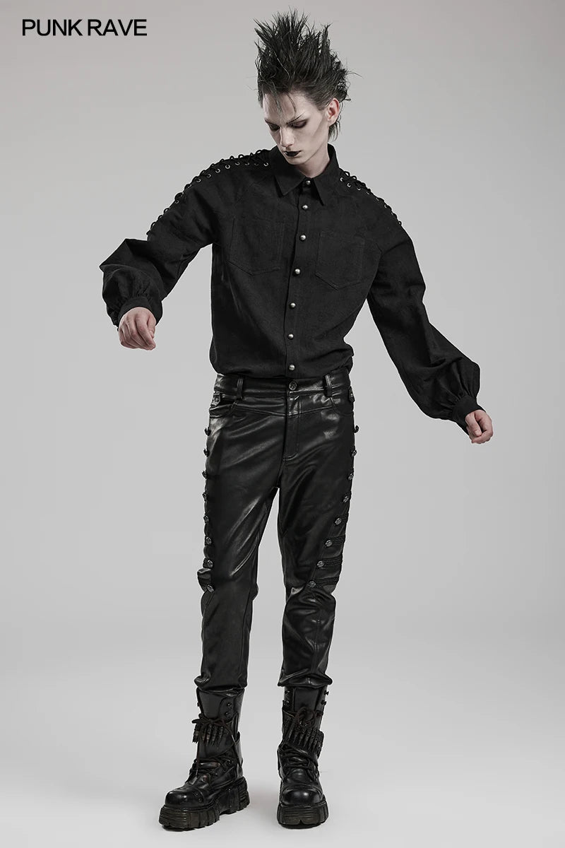 PUNK RAVE Men's Punk Suede with Random Pattern PU Leather Pants Personalized Cool Handsome Black Trousers Autumn/Winter