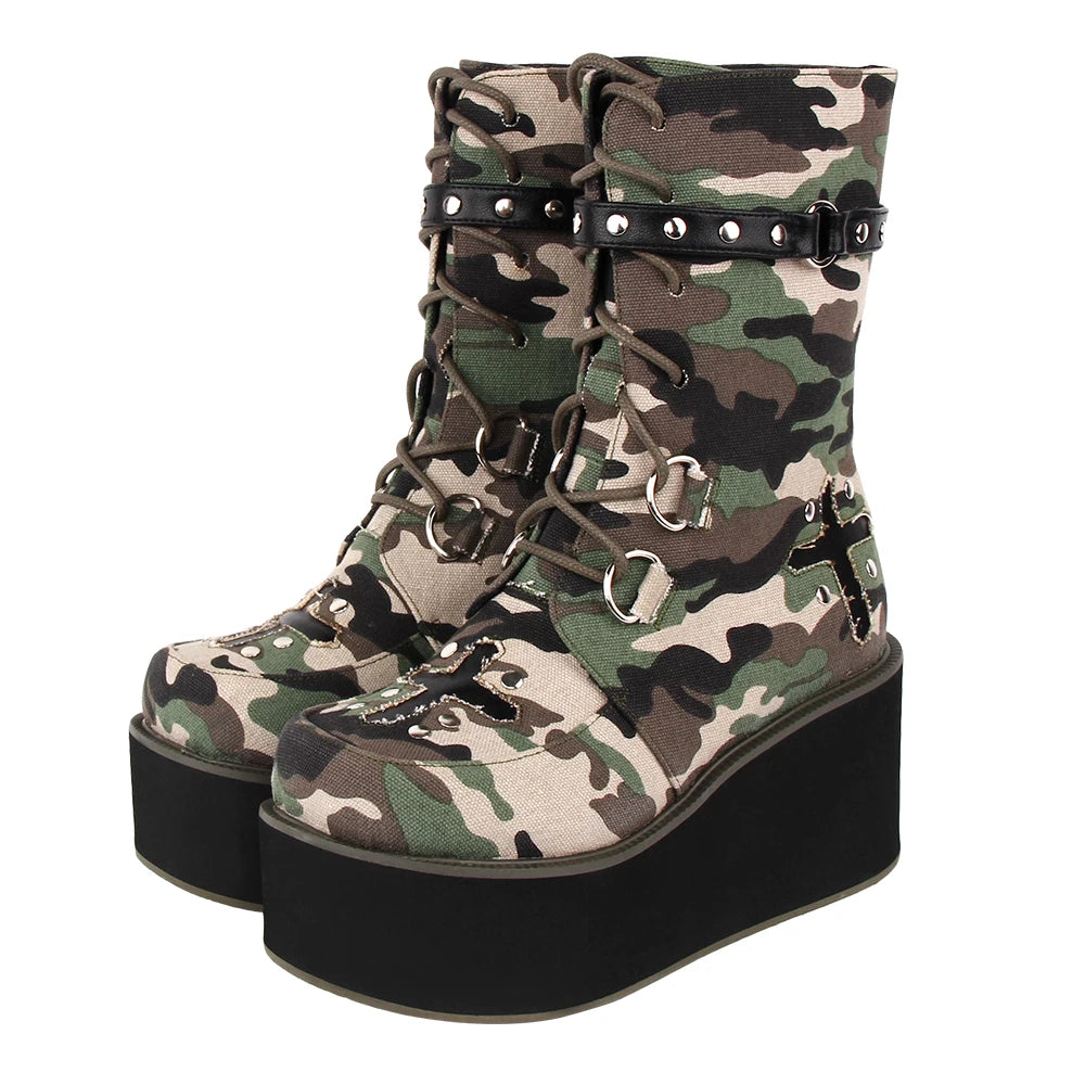 Fashion Women motorcycle camouflage boots lady Punk Cool Boots woman high trifle heel pumps platform shoes 10cm plus size 33-47