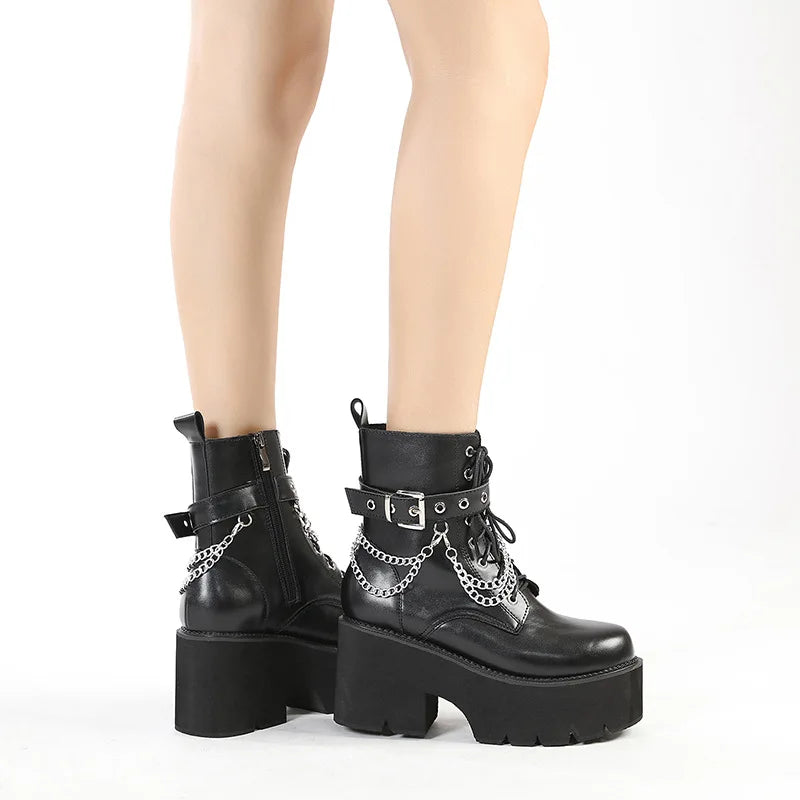 Women Platform Shoes Black Gothic Buckle Pu Leather Woman Creeper Punk Shoes Female Black Ankle Short Combat Boots for Women