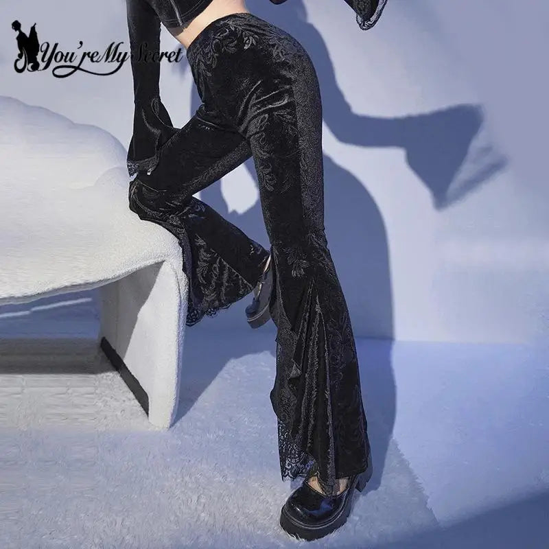 [You're My Secret] Women Pant Gothic Black Velvet Flare Pants Sexy Hollow Out Lace Patchwork Slim High Waist Retro Bell Bottom