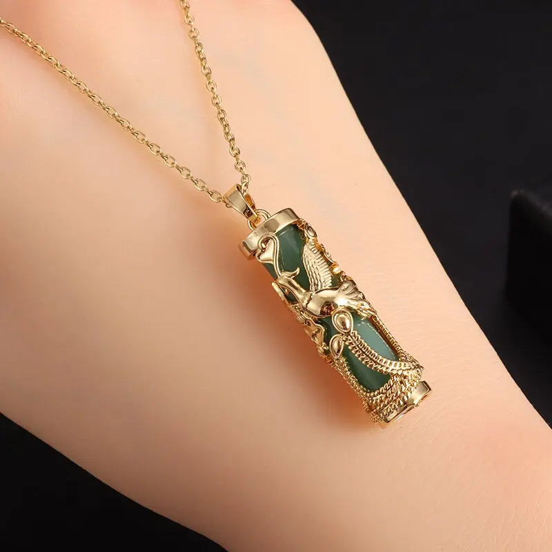 Classic Retro Gold Inlaid Imitation Jade Dragon Phoenix Gilt Necklace Pendant - Craftsmanship Jewelry for Men, Women, and Couples