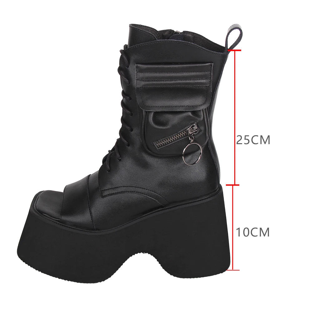 Women’s Motorcycle Style Punk Boots - Dark Gothic High Heels with Open Toe, Pocket Detail, and Chunky Platform