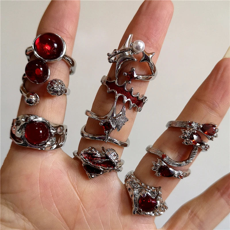 Punk Goth Red Crystal Geometric Heart Pearl Star Animal Rings - Women's Y2K Aesthetic Vintage Grunge Jewelry