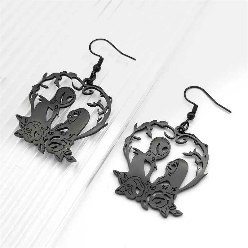 Love Heart Stainless Steel Skull Rose Flower Drop Earrings | Long Gothic Earrings for Women Men | Black Color Jewelry Party Gift