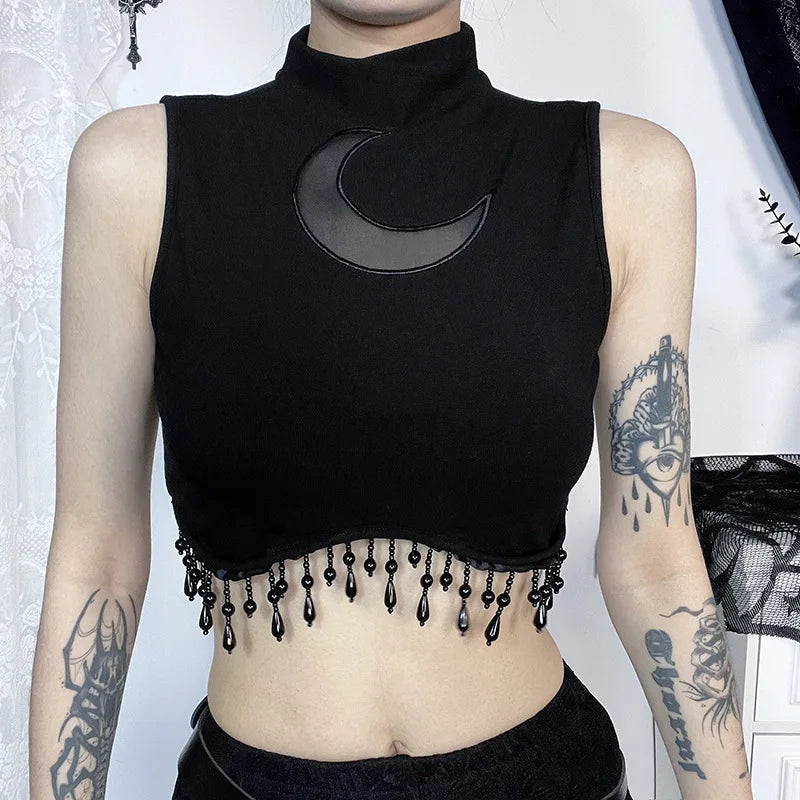 Y2K Goth Moon Lace See-Through Crop Tank Tops High Collar Sleeveless Tassel Vintage Summer Streetwear