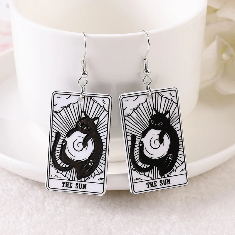 1 Pair Drop Earrings - Black & White Cat Tarot Deck Card with Sun, Moon, Star, and The Lovers Divination Crafts Fashion Jewelry Gift