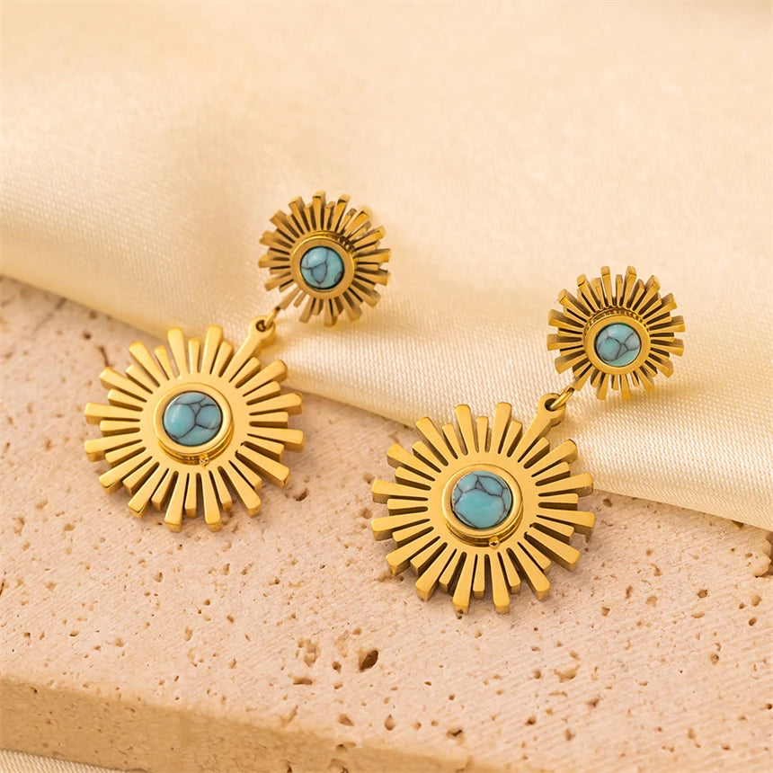 Vintage Sunflower Earrings: 316L Stainless Steel with Imitation Turquoise - High Fashion Jewelry