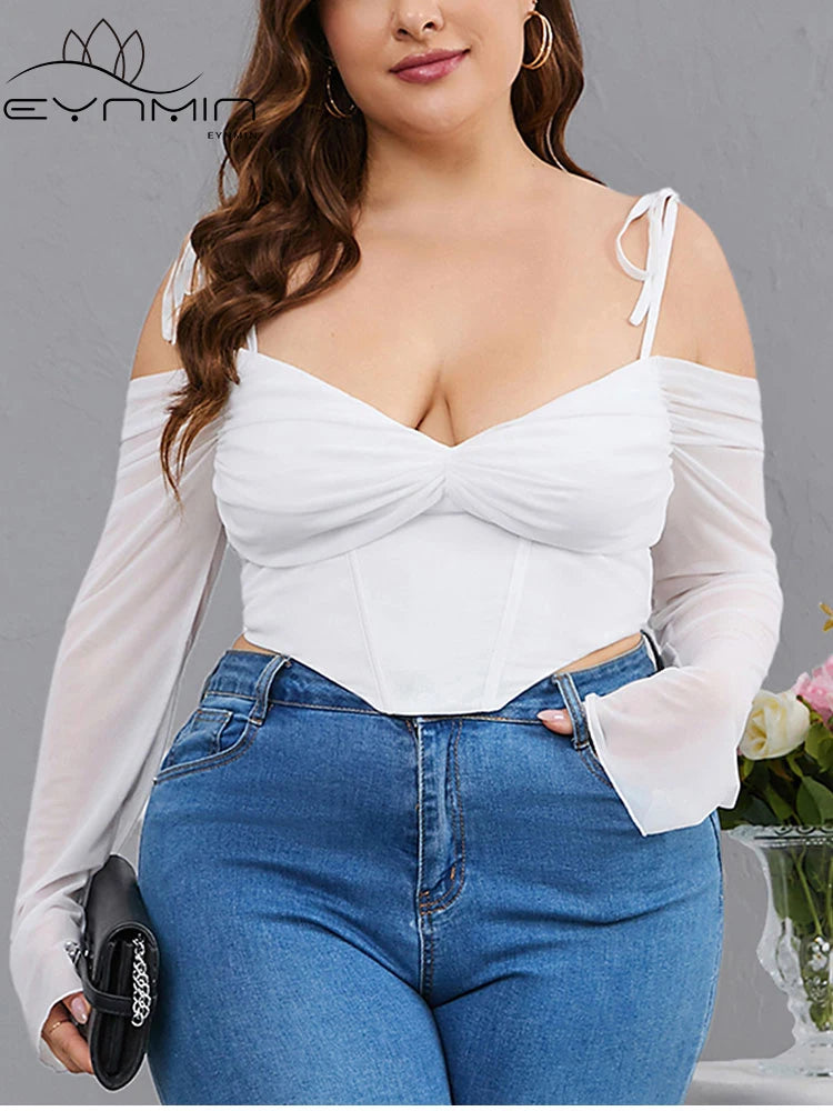 EYNMIN Plus Size Solid Mesh Sleeve Cropped Top for Women – Autumn Sexy V-Neck Backless Cami Fashion Club Top