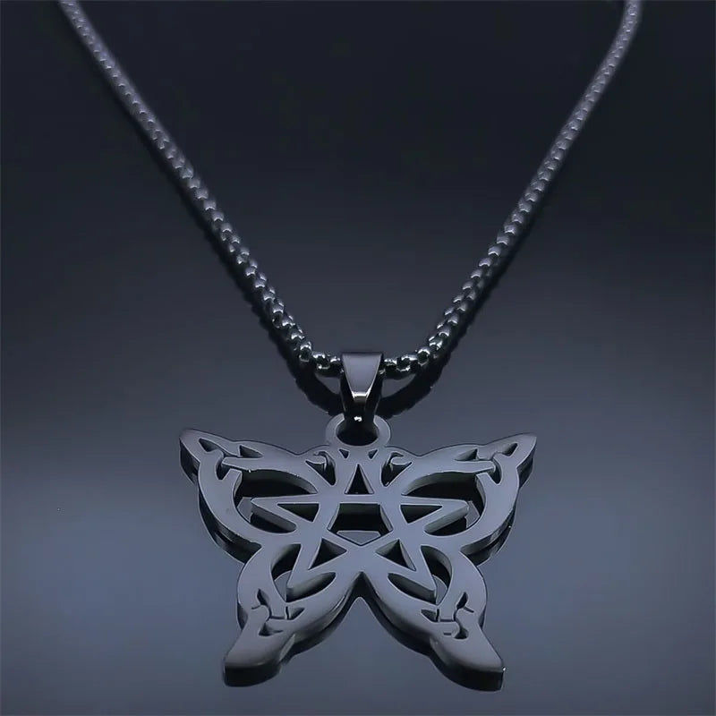 Goth Witchcraft Pentagram Butterfly Pendant Necklace - Stainless Steel Celtic Pentacle Necklaces, Witchy Jewelry