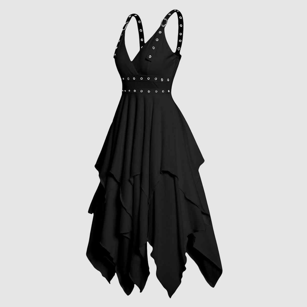 Women’s Gothic Vintage Dress - Solid Color Halloween Cosplay Costume with Irregular Sleeves and Layered Straps
