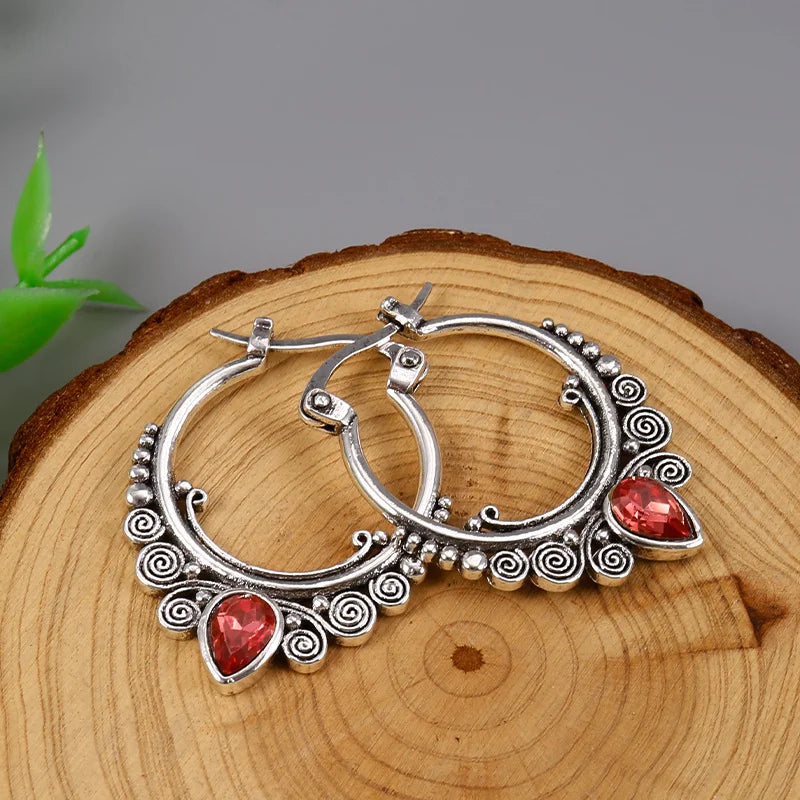 New Trendy 925 Silver Needle Earrings - Red Stone Stud Hoop Earrings for Women, Bohemian Style