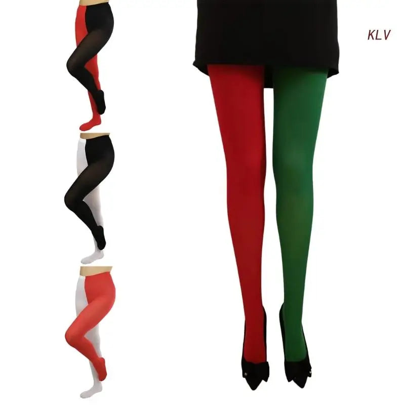 Women Two-Toned Tights Elastic Breathable Footed Leggings Christmas Thigh High Stockings Full Length Tights Leggings