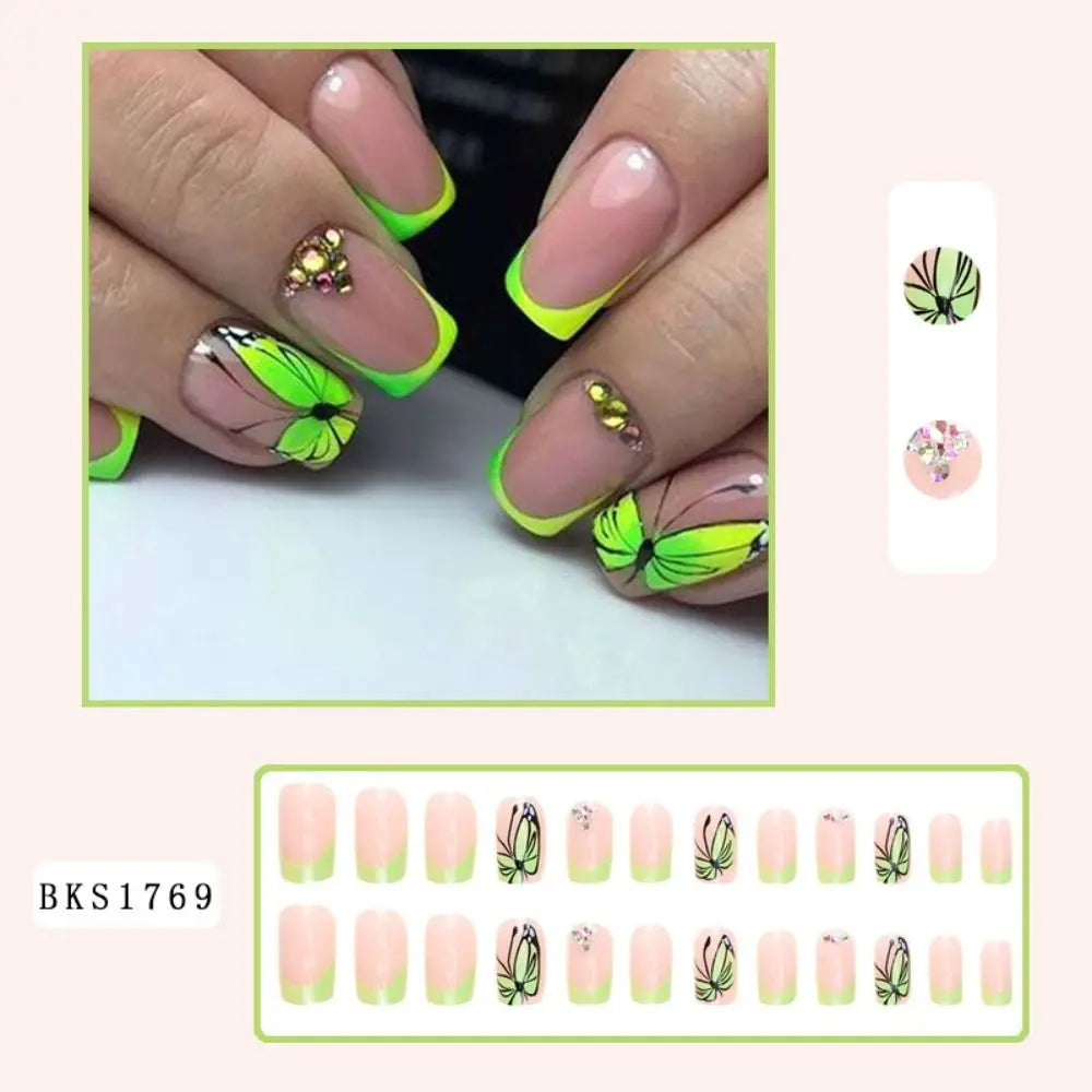 24pcs Butterfly Fake Nails Square Head French With Diamond False Nail Waterproof Faux Medium Fingernails Press on Nails