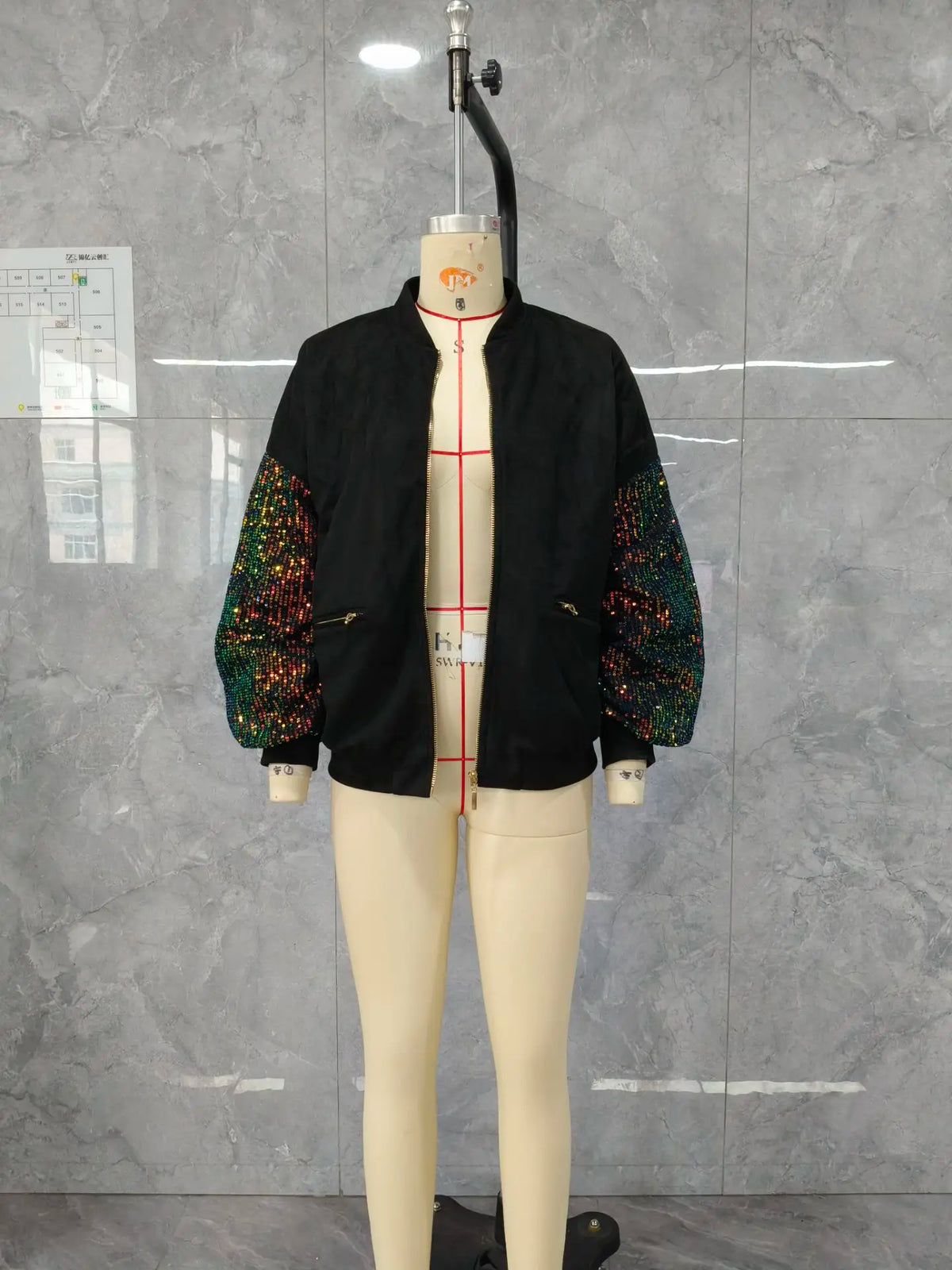 Women's Casual Jacket with Zipper Design & Contrast Sequin Detail