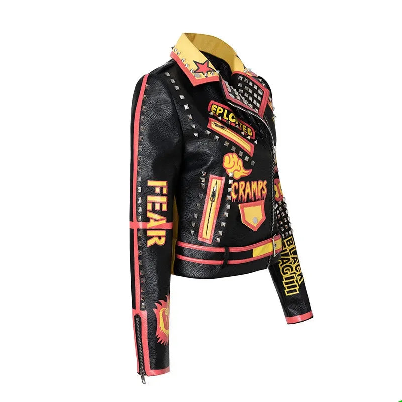 Punk Rivets Cropped Leather Jacket for Women – 2024 Trend Streetwear with Contrast Color Graffiti Print, Faux Leather Motorcycle Jacket