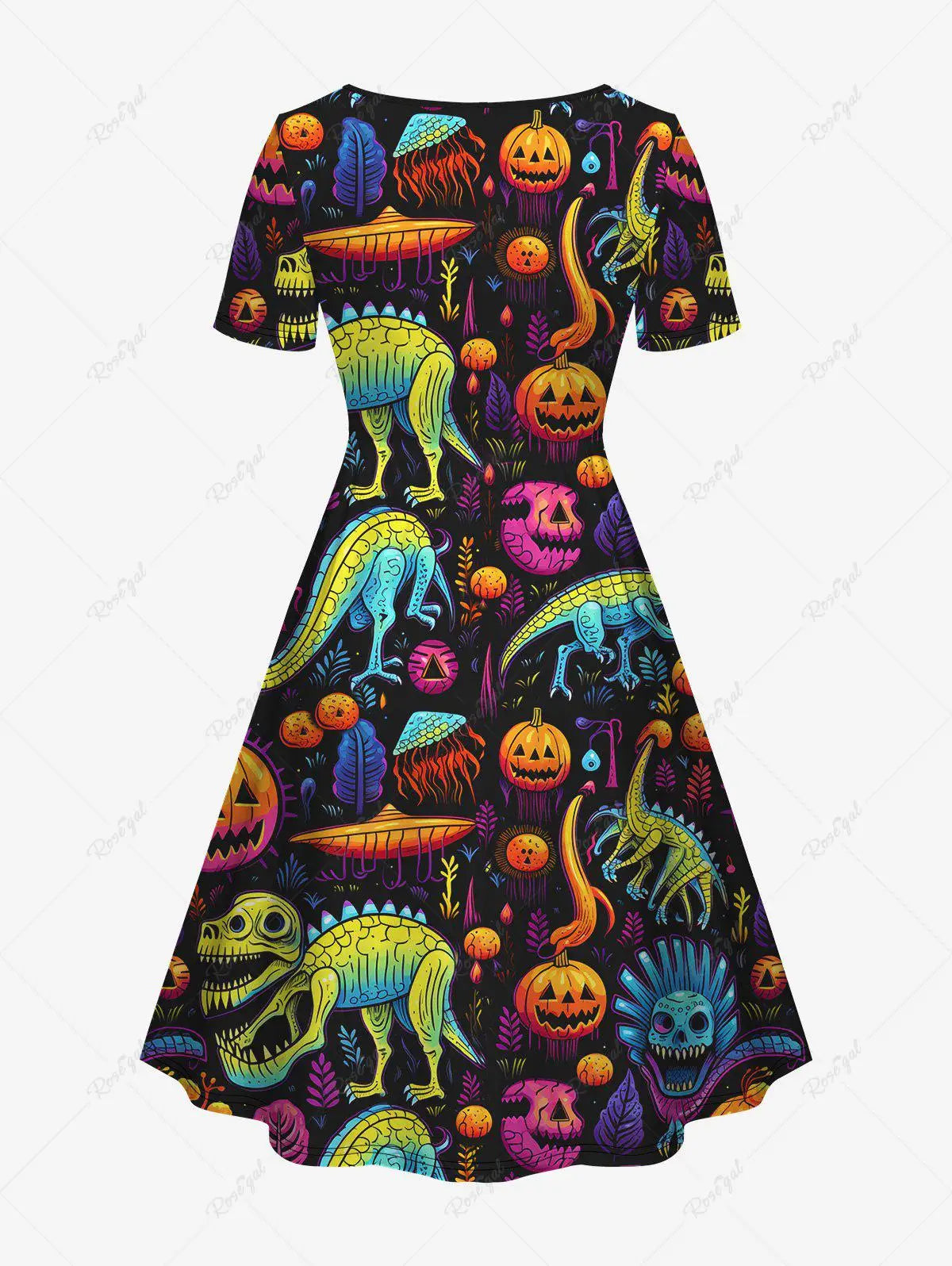 Plus Size Halloween Gothic Dress - Colorful Skull, Dinosaur, Sailor, Pumpkin, Mushroom, and Star Print. Casual or Party Outfit for Women