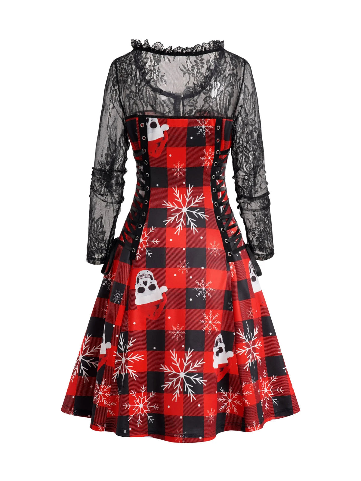 Dressfo 2024 Women's Lace-Up Mini Christmas Dress – Snowflake Skull Plaid with Sheer Lace Long Sleeves, Red Dress