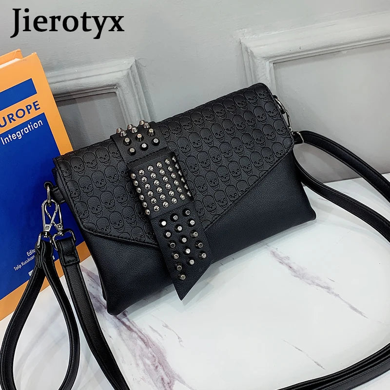 JIEROTYX Vintage Skull Print Women's Handbag - Black Leather Punk Flap Shoulder Bag with Rivet Buckle Details