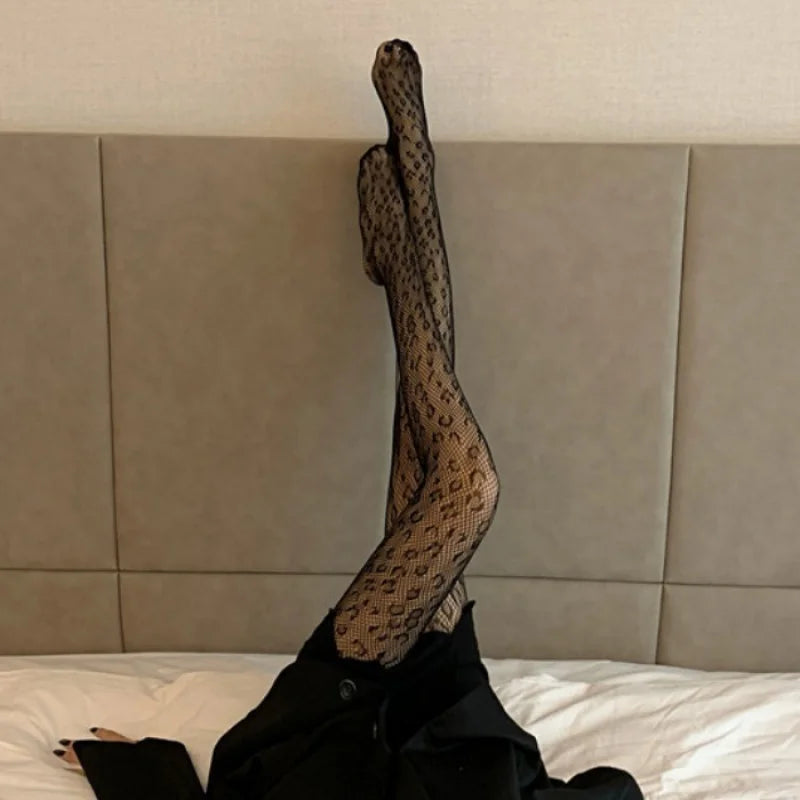 Vintage Leopard Print Jacquard Pantyhose Women's Sexy Slimming Hollow Net Socks Black Stockings