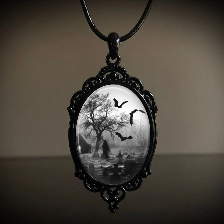 Gothic Cemetery Cameo Necklace - Victorian Black Grim Reaper Death Pendant Jewelry with Graveyard Bats, Halloween Chokers