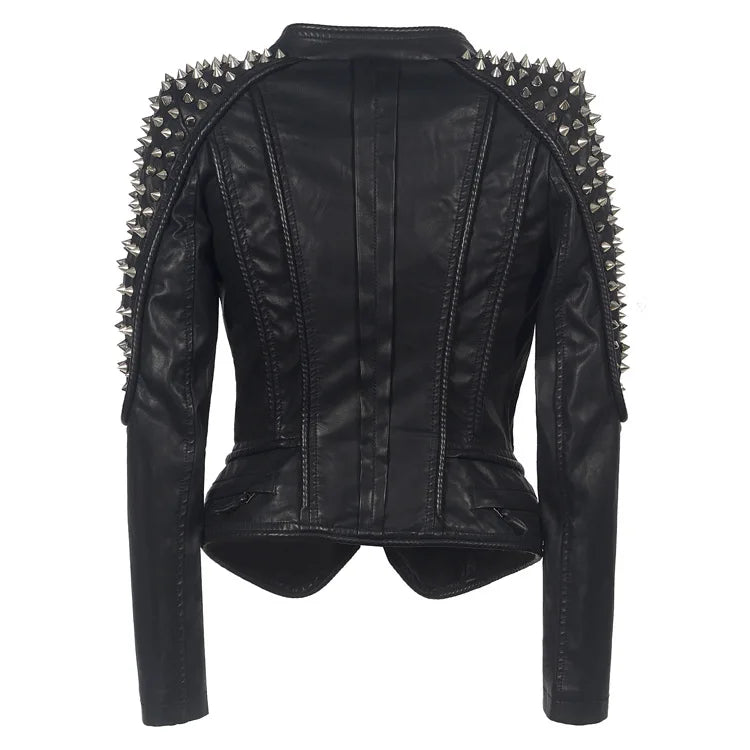 Steampunk Rock Rivet Women's Leather Jacket – Slim, Short Gothic PU Leather Locomotive Coat with Embroidery