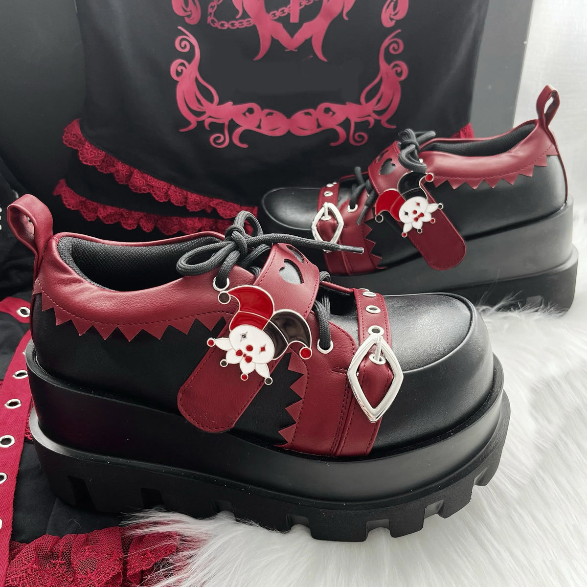 Y2k Subculture Clowns Punk Sneakers Round Toe Platform Thick Bottom Mixed Color Lace-Up Belt Buckle Novelty Fashion Women Shoes