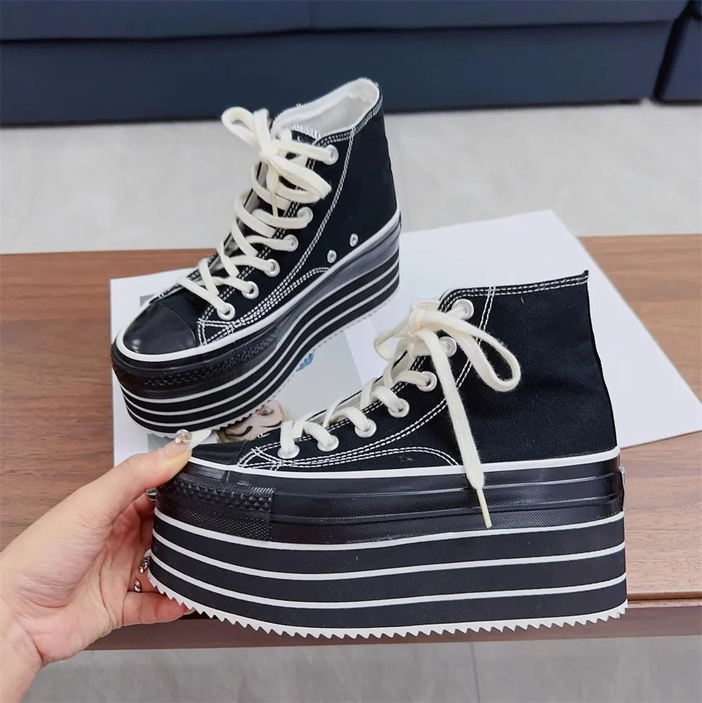 New Handmade Women's Black Canvas Shoes - Casual High Thick Heels, Lace-Up Princess Party Pumps